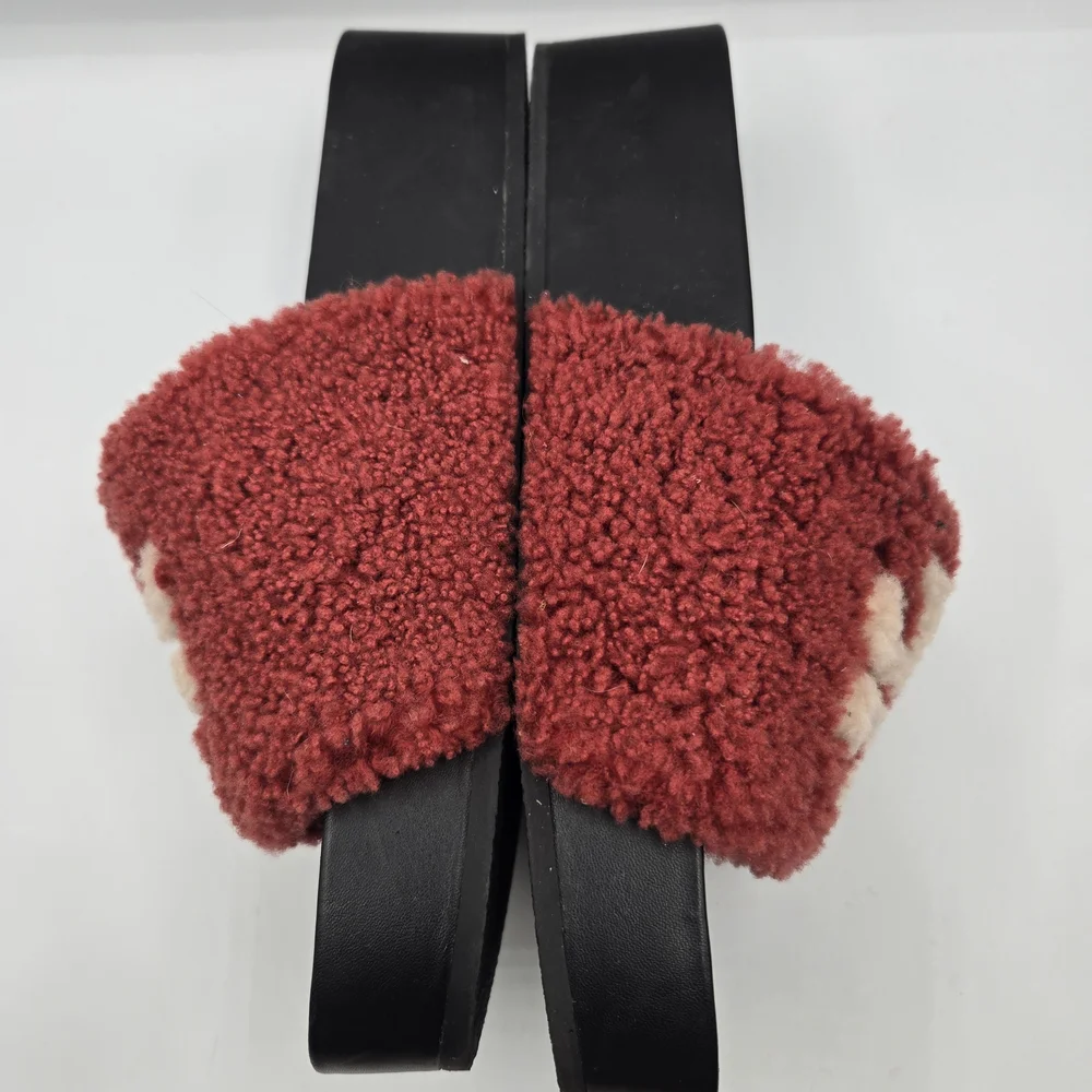 Tory Burch Double T Shearling Flatform Slide Sandals in a vibrant red and cream
